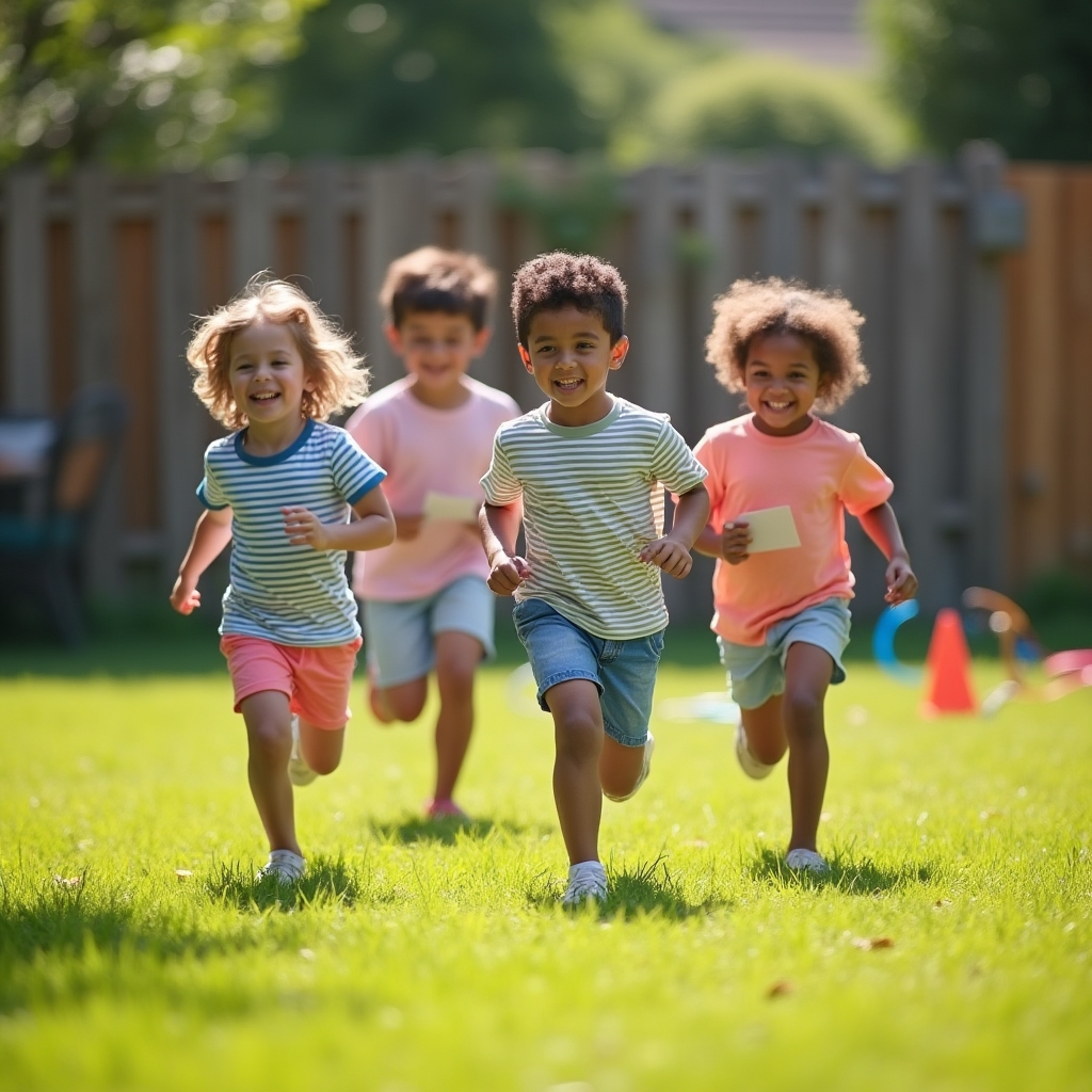 Group of children following a backyard scavenger hunt trail with clue cards