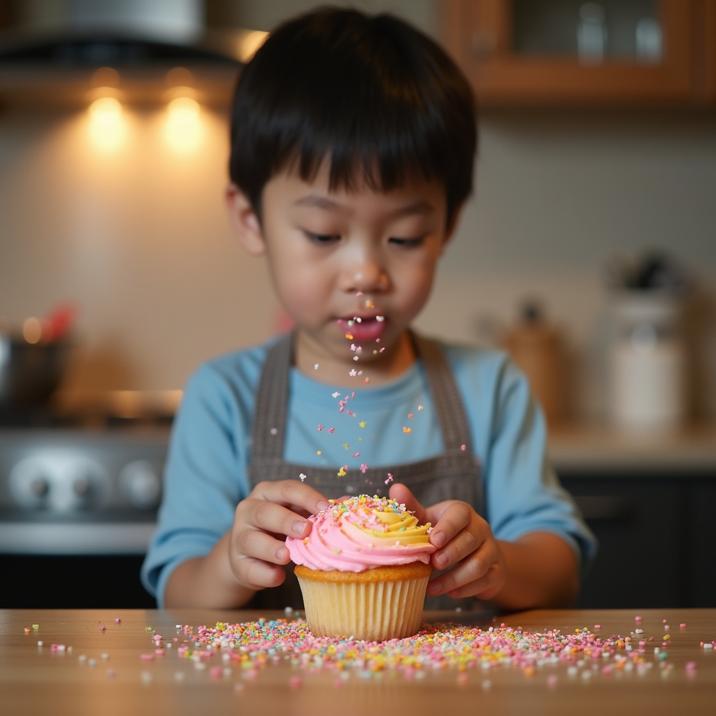 Child decorating a birthday cake with sprinkles and frosting at a kitchen counter