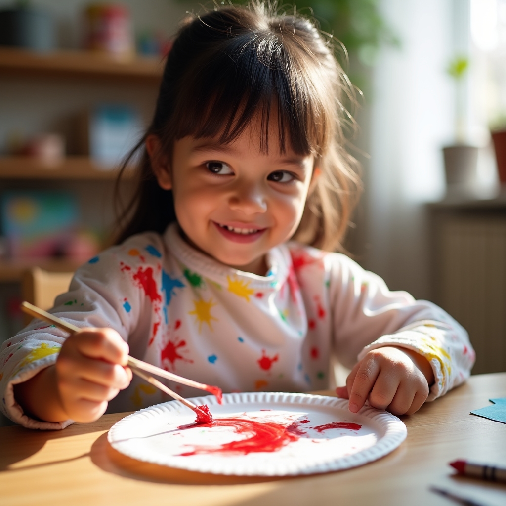 Preschool age children painting paper plate crafts at a low table