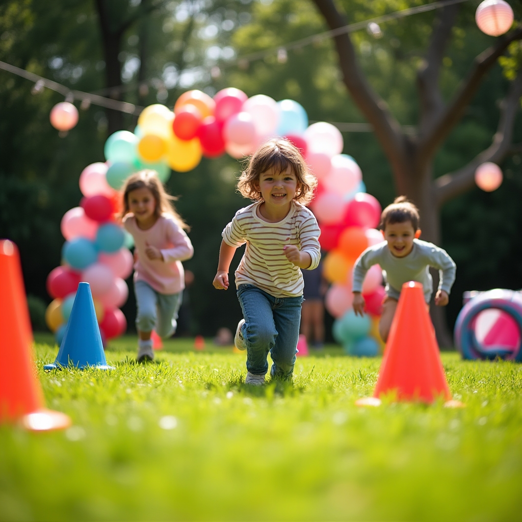 Children playing an outdoor obstacle course birthday game in a backyard