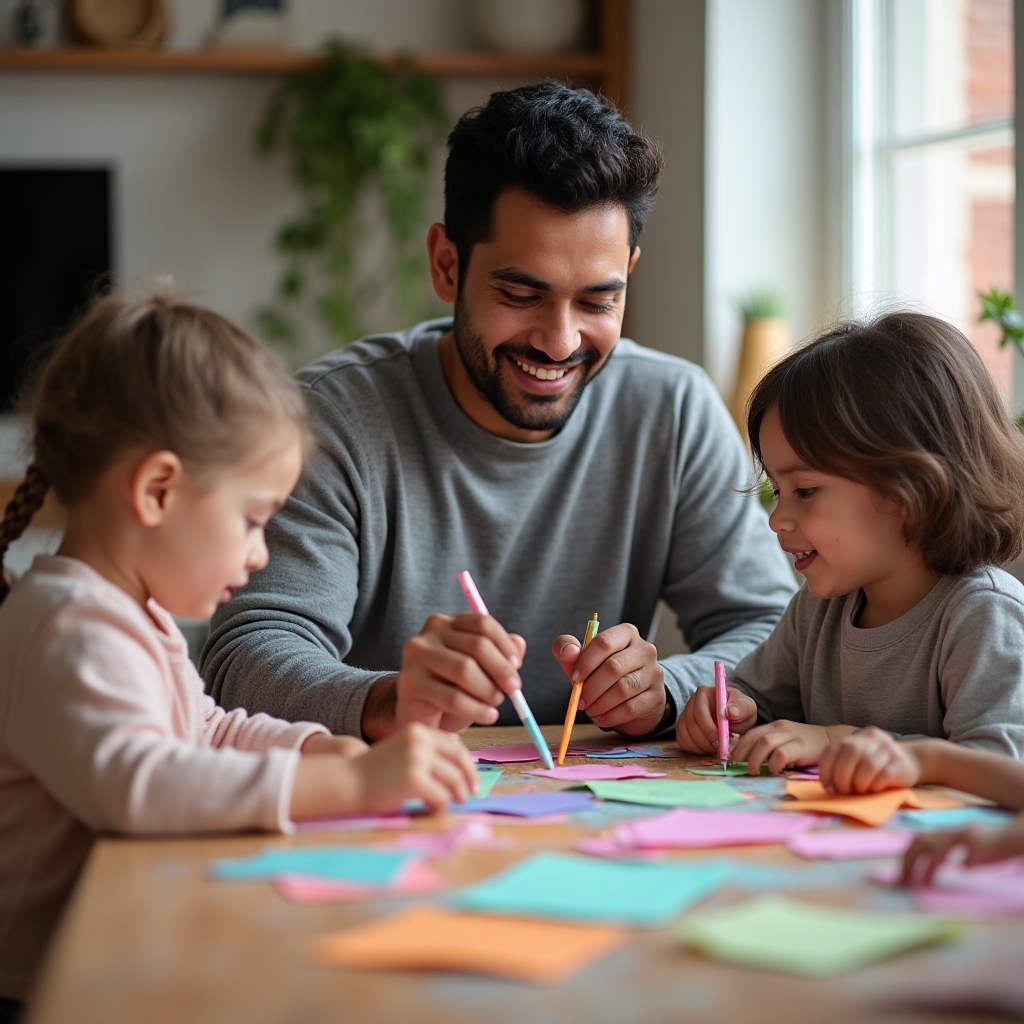 Parent helping a mixed age group of children with a shared craft project at home