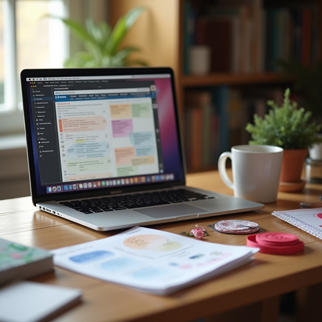 Small editorial workspace with a desk, laptop, printed guides, and craft samples used for testing activities