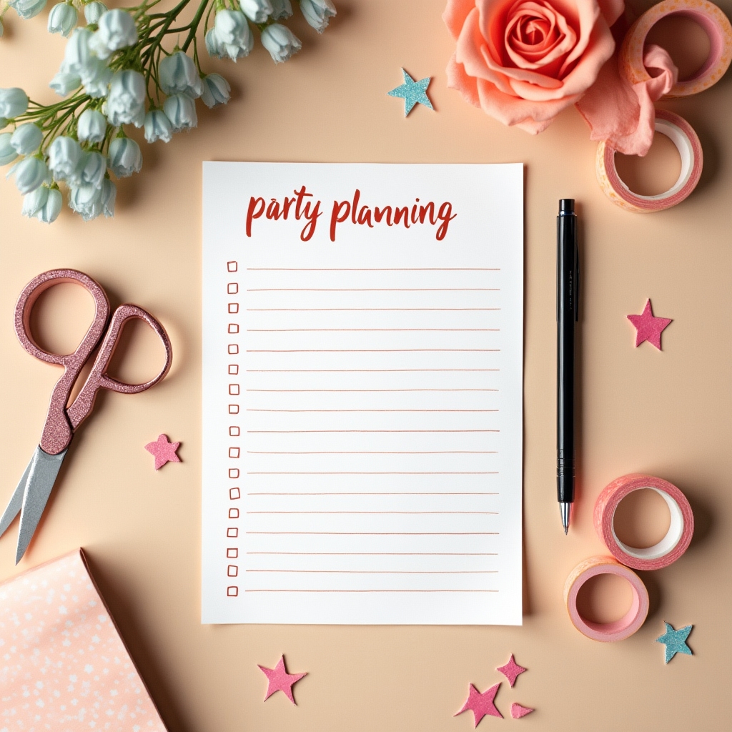 Flat lay of a printed party planning checklist with pens and craft supplies on a desk